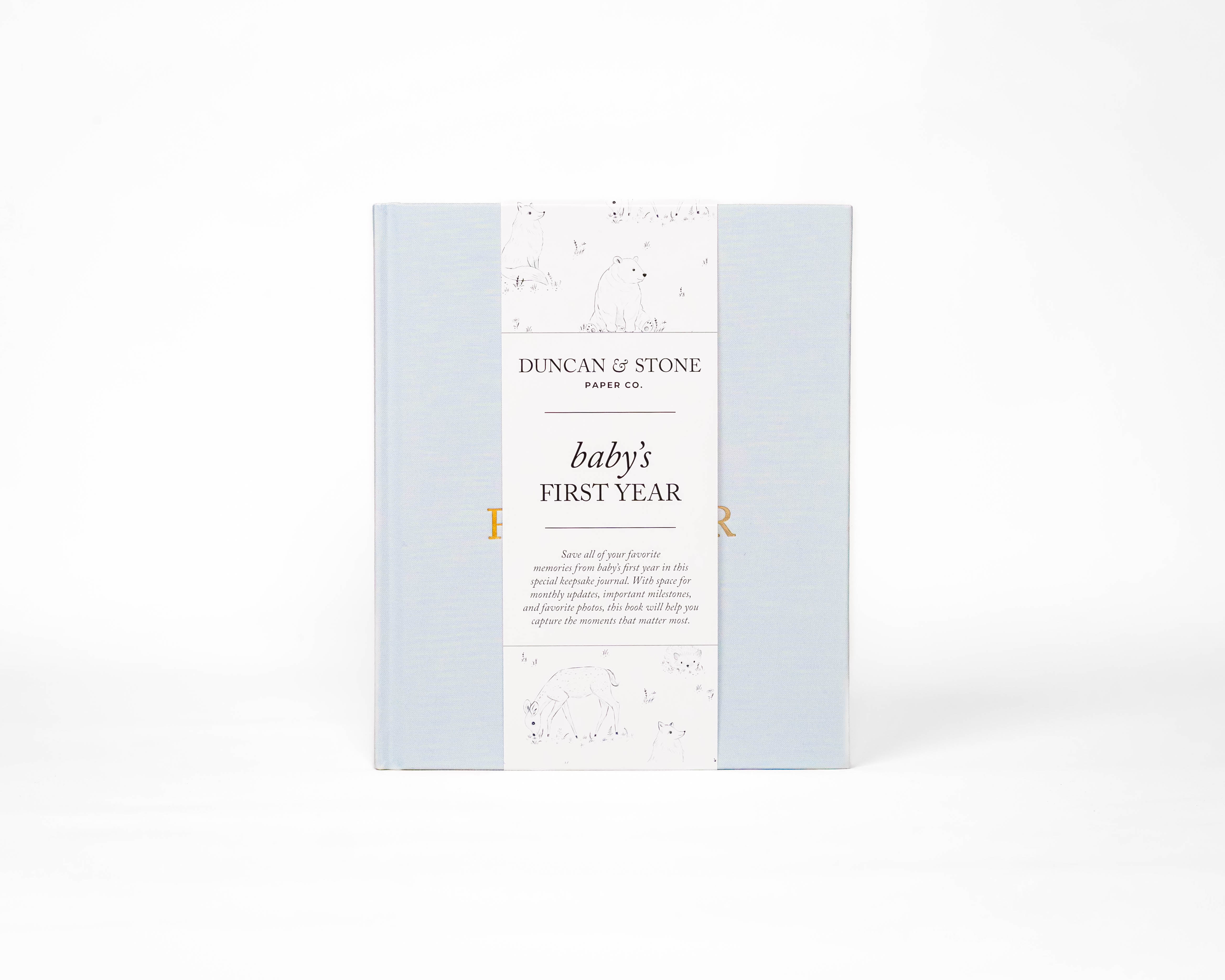 Baby’s First Year guided memory journal in blue linen cover