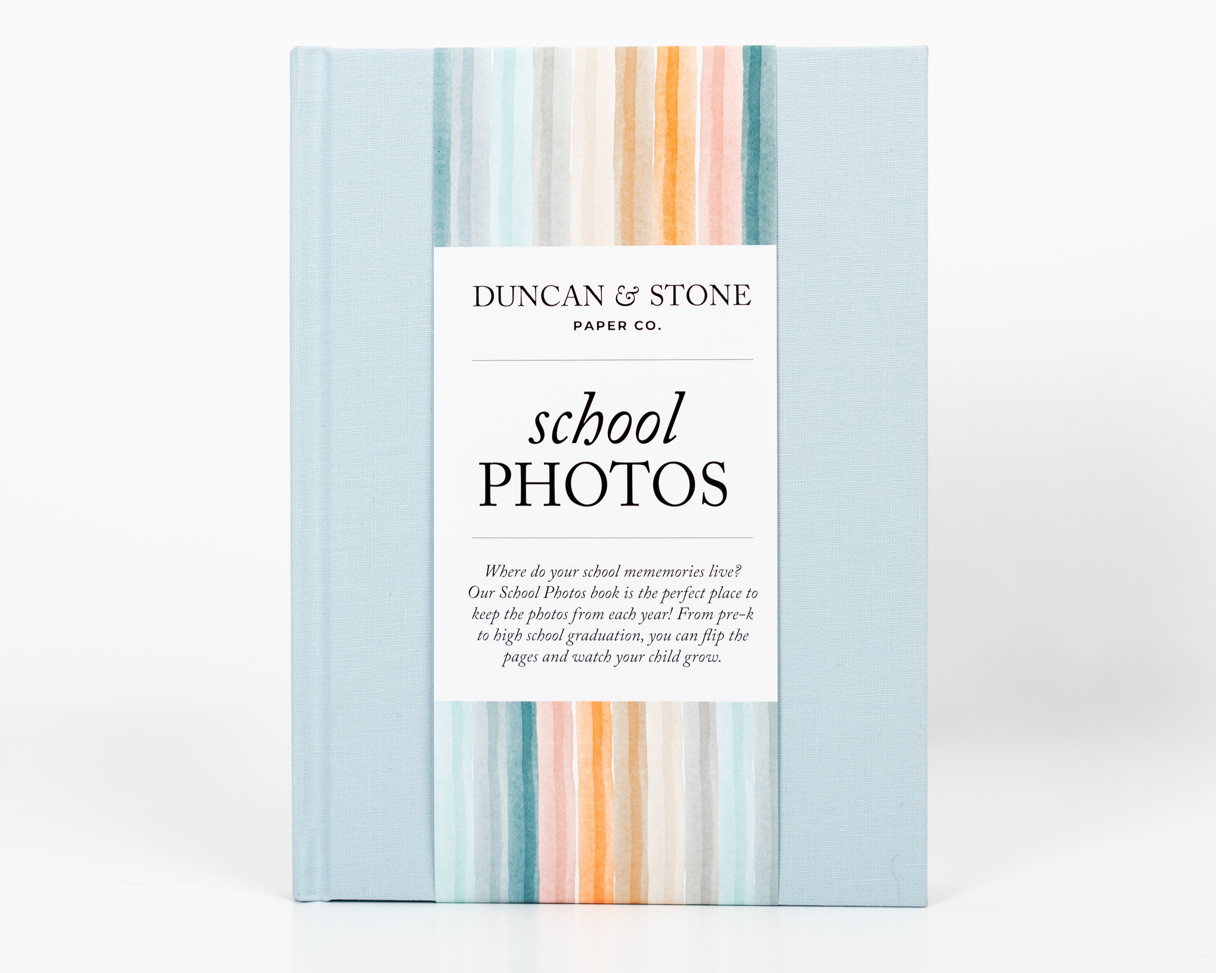 School Photos guided keepsake journal in blue linen cover for organizing school pictures and memories from Pre-K through high school