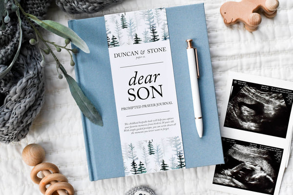 Dear Son: A Prompted Prayer Journal & Childhood Keepsake by Duncan & Stone | Baby Boy Memory Book | Scrapbook Album for Milestones | New Mom Gift | Christening or Baptism Gift | Baby Boy Scrapbook Album | Personalized Childhood Book