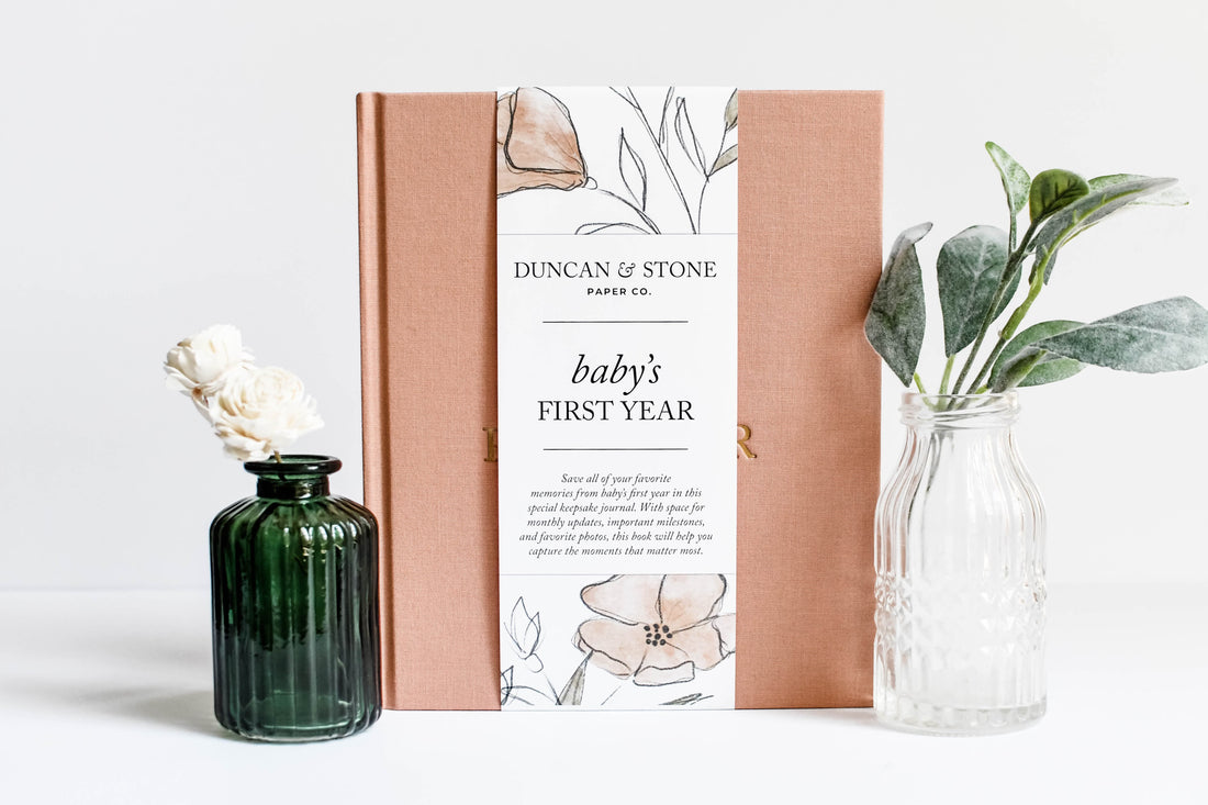 Baby Memory Book &amp; Photo Album by Duncan &amp; Stone | Baby Shower Gift for New Mom | Boy or Girl Milestone Scrapbook for Expecting Mom | First Year Journal for New Baby | Personalized Baby Book and Photo Album | Perfect Mom to Be Gift | Memory Journal 