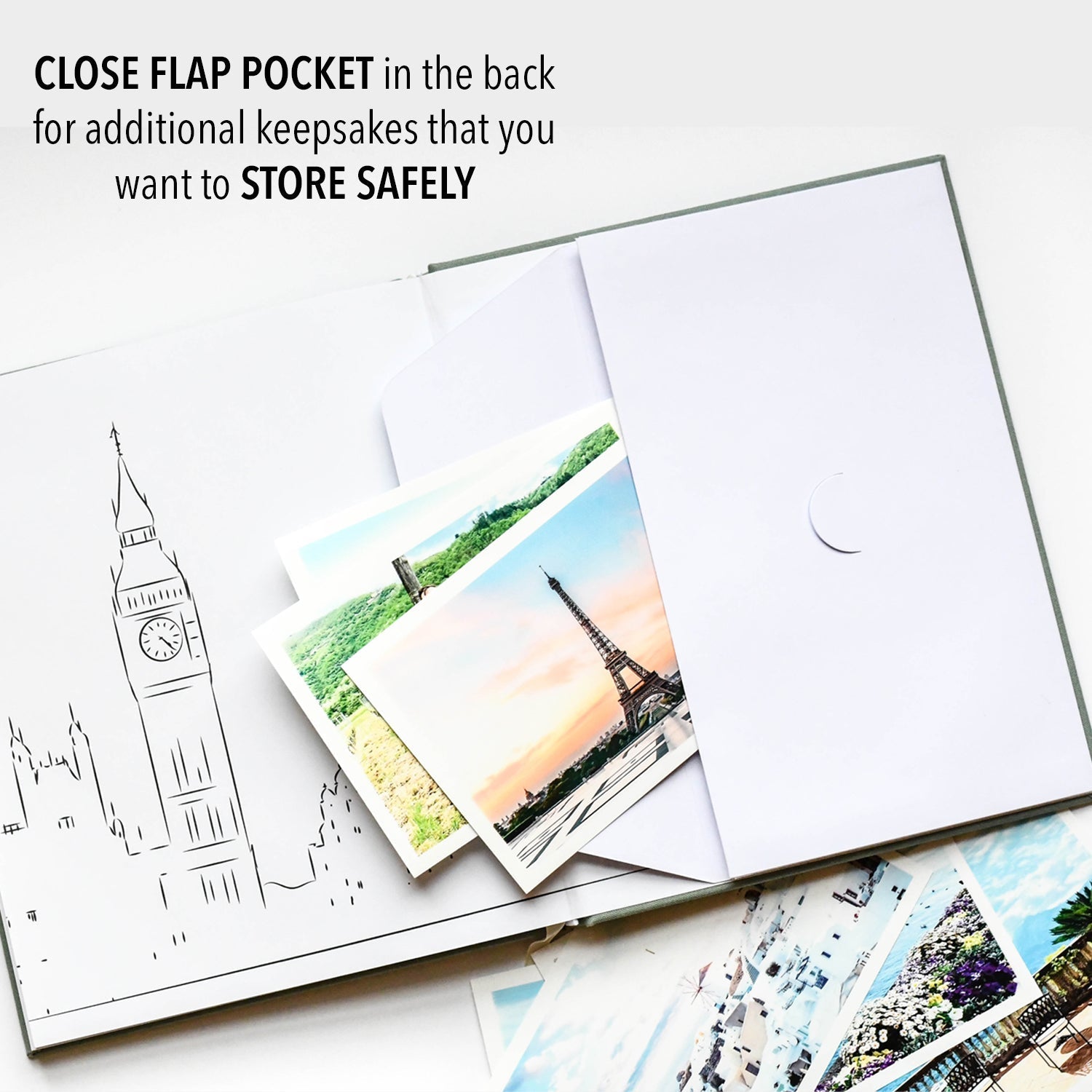 Green Travel Keepsake journal that makes a great gift for adventure and vacations. This scrapbook memory book will hold your photos and notes from your trips and includes a pocket envelope in the back to store photos and momentos from your travels.